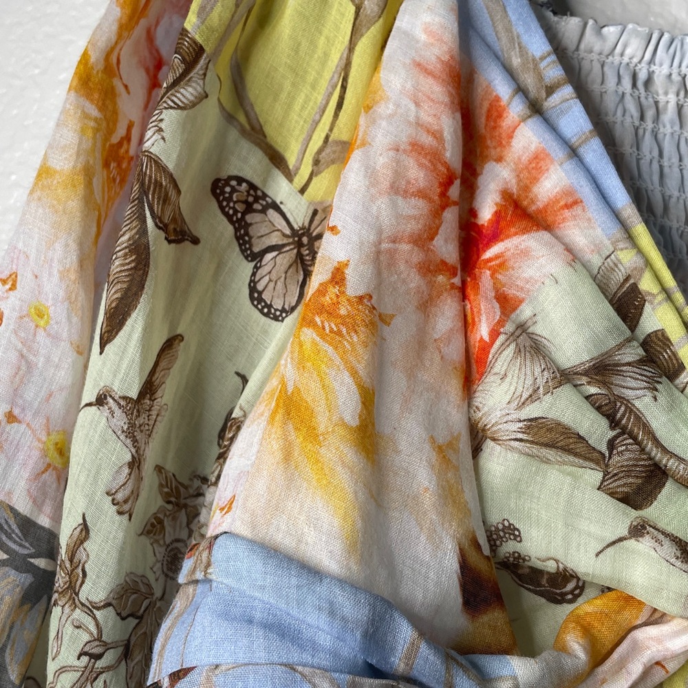 Banana Republic Ramie Floral Bird Twist Front sheer A-line sweetheart neck top L - Picture 7 of 11